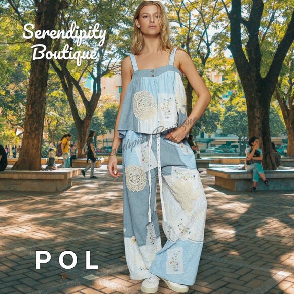 POL Lace & Patchwork Denim Gauze Super Baggy Flare Wide Leg Boho Pants - Picture 1 of 11